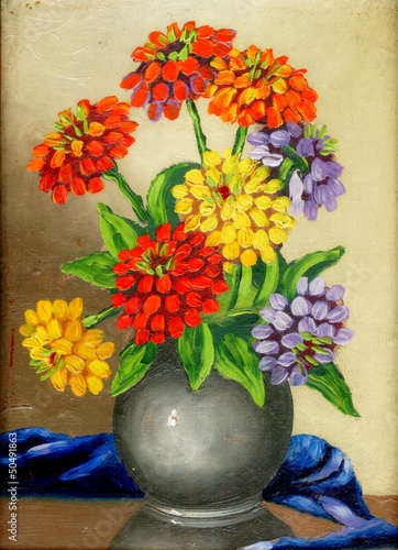 Obraz w ramie Oil on a canvas: a bouquet of flowers in a clay vase