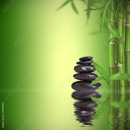 Spa still life with lava stones and bamboo sprouts Canvas Print