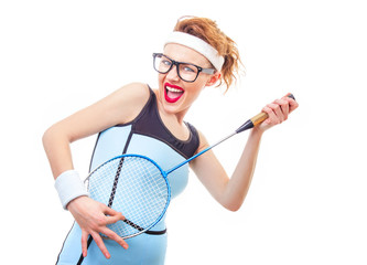 Wall Mural - Sport woman with racket, funny girl playing tennis