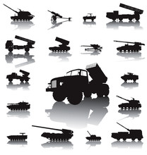 Howitzer And Rocket Artillery Silhouettes Set. Vector