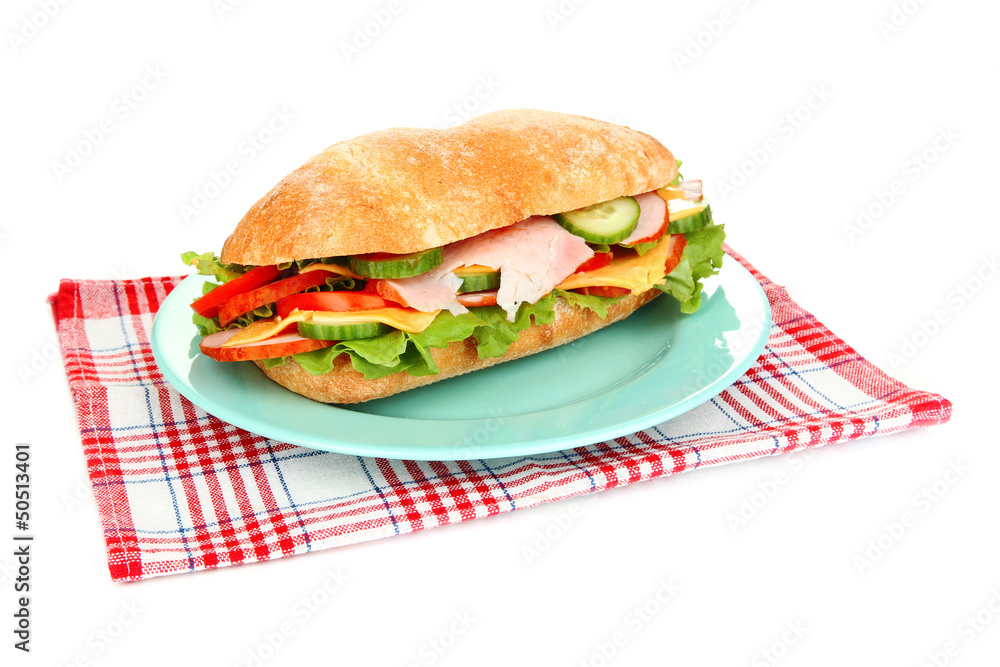Fresh and tasty sandwich with ham and vegetables isolated