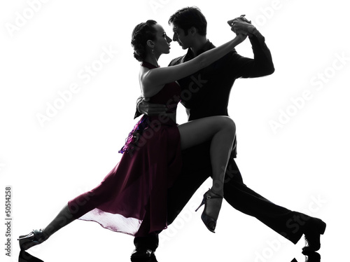 couple man woman ballroom dancers tangoing  silhouette Принти на полотні