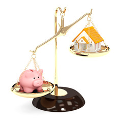 Wall Mural - Piggy bank and house on bowls of scales