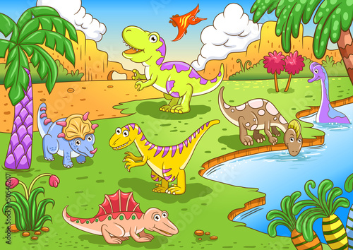 Fototapeta na wymiar Cute dinosaurs in prehistoric scene