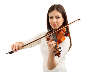 Poster - Beautiful young girl with violin, isolated on white