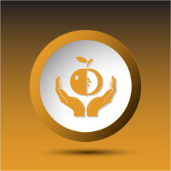 Sticker - apple in hands. Plastic button. Vector illustration.