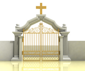 Wall Mural - ancient closed entrance with gold cross above