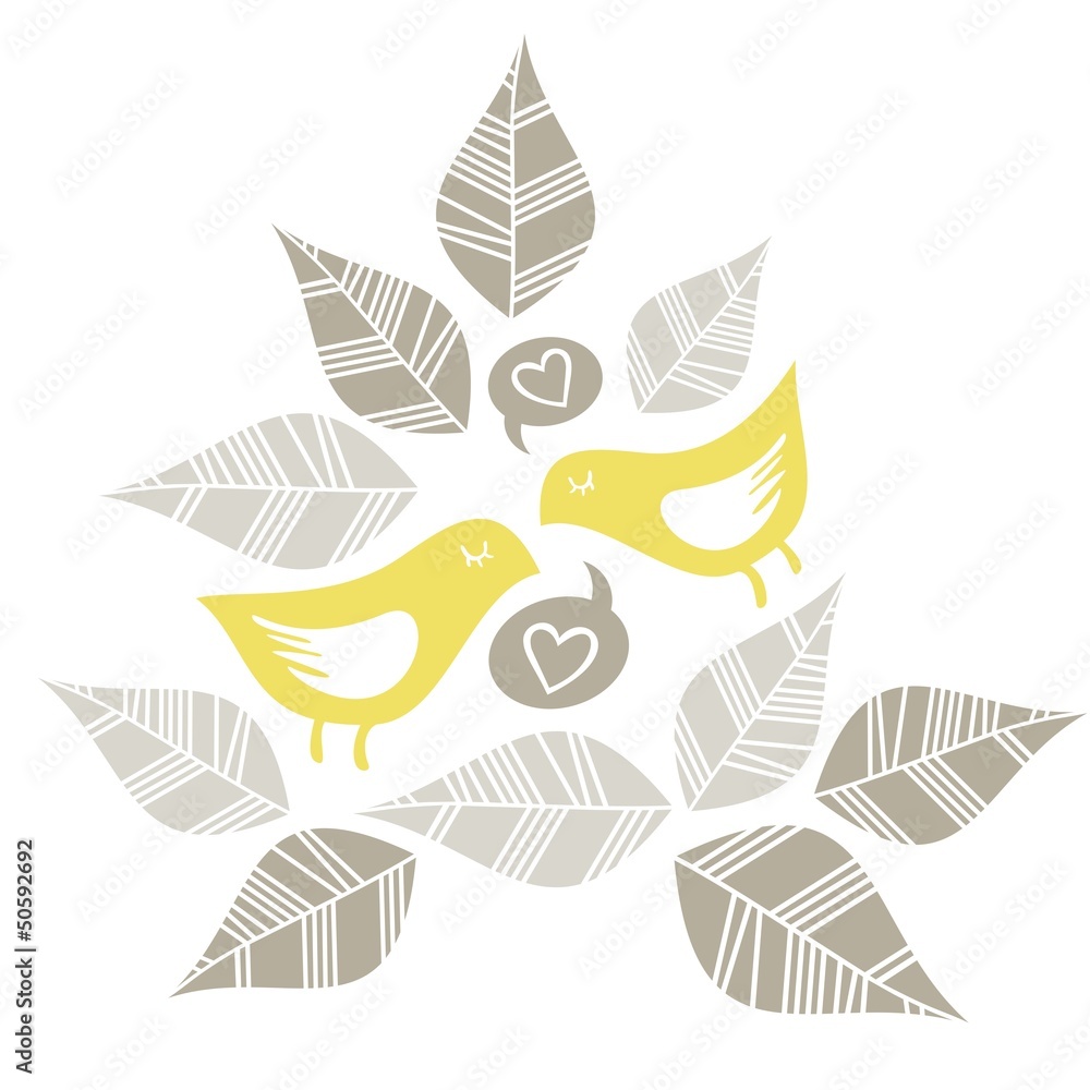 żółte ptaki wyznanie miłości wśród liści romantyczna ilustracja - obrazy, fototapety, plakaty 
