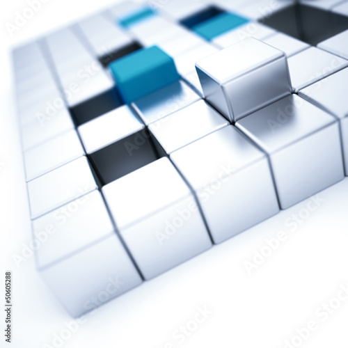Abstract silver and blue metallic cubes on a white