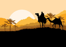 Camel Caravan In Wild Desert Mountain Nature Landscape Backgroun