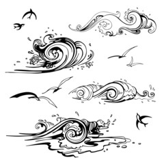 Sticker - Sea waves set. Hand drawn vector illustration.