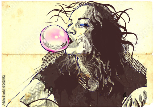 Board z aluminiowym obramowaniem Młoda kobieta dmuchanie bańki z gumy do żucia