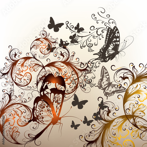 Fototapeta na wymiar Swirl light background with ornament and butterflies