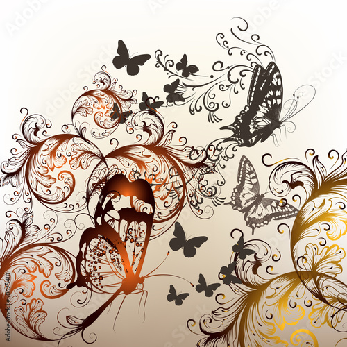 Naklejka na szybę Swirl light background with ornament and butterflies