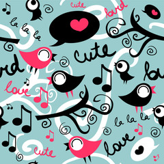 Wall Mural - Seamless pattern with cute singing birds