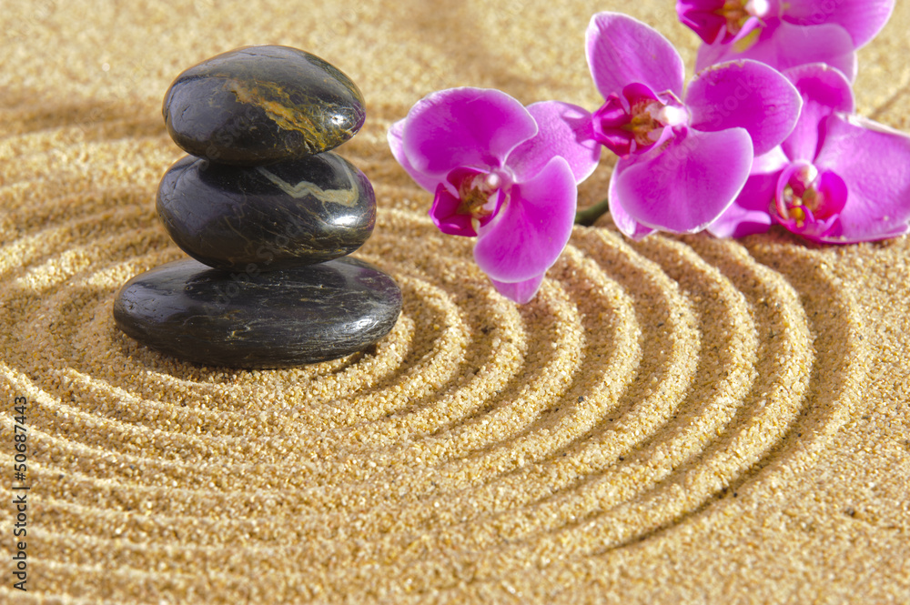 czarne-kamienie-bazaltowe-i-rozowa-orchidea-na-piasku-ogrod-japonski-zen