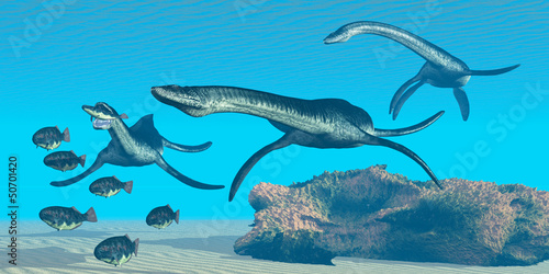 Obraz w ramie Prehistoryczne, ogromne dinozaury i ryby podwodne