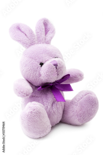 Nowoczesny obraz na płótnie Toys: small pink or lilac rabbit, isolated on white background