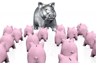 A crowd of pink piggy banks meet a stranger