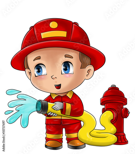 Fototapeta na wymiar Cute cartoon illustration of a fireman