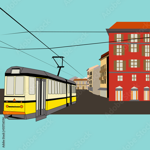 Board z aluminiowym obramowaniem Przerwa na miasto, tło wektor z tramwajem i stary high street fo