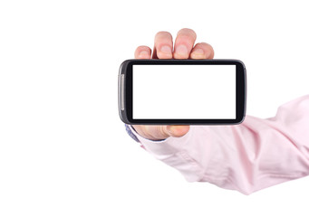 hand holding blank mobile smartphone with clipping path