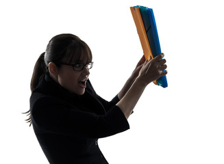 Wall Mural - business woman  shielding behind  folders files silhouette