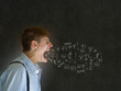 Angry man shouting and swearing at chalk blackboard background