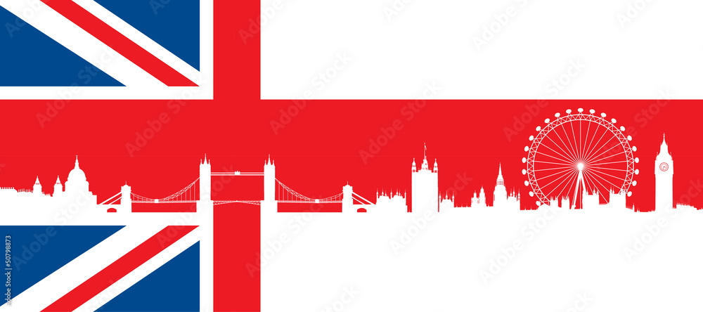 British flag  with very detailed  silhouette London skyline - obrazy, fototapety, plakaty 