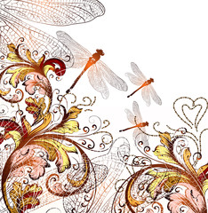 Fototapete - Cute floral hand drawn background with ornament  and  dragonfly