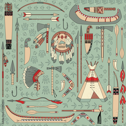Obraz na płótnie canvas trzyczęściowy "tryptyk" Wzór z atrybutami native american