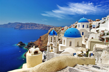 Poster - white-blue Santorini - view of caldera with domes