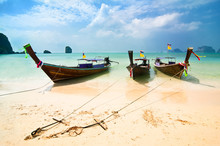 Tropical Beach Landscape. Thai Traditional Long Tail Boats