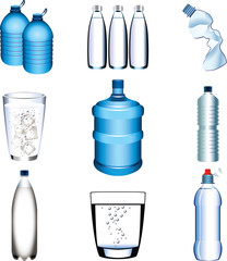 water bottle and glasses photo-realistic vector set