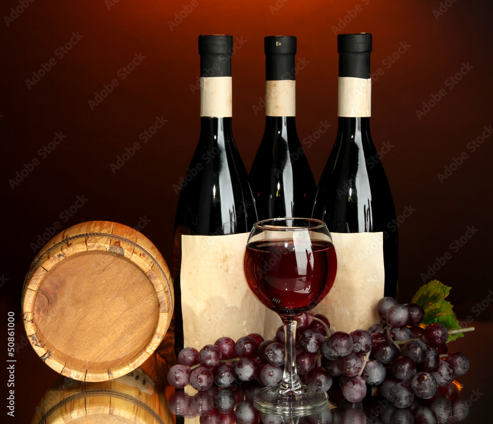 Composition of wine, wooden barrel and  grape,