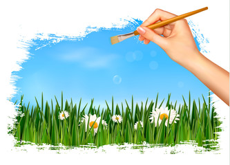 Fototapete - Nature background with hand holding a brush. Vector illustration