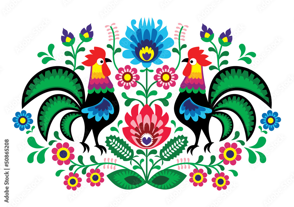 Polish floral embroidery with cocks - traditional folk pattern - obrazy, fototapety, plakaty 