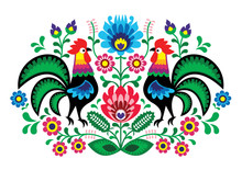Polish Floral Embroidery With Cocks - Traditional Folk Pattern
