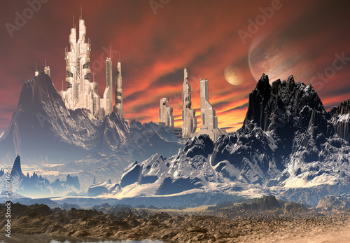 Nowoczesny obraz na płótnie Alien Town Between Mountains