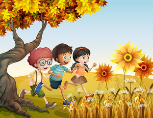 Sticker - Children running at the hill with sunflowers