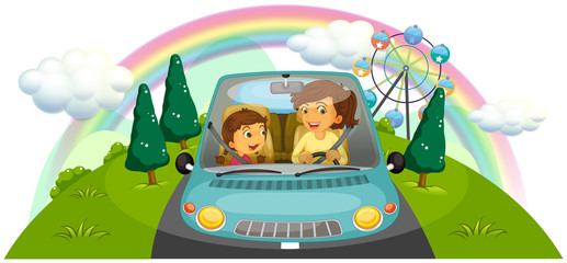 Wall Mural - A mother driving the car with her daughter