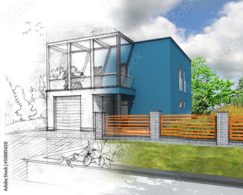 Fototapeta do kuchni Illustration of an idea of blue modern house construction