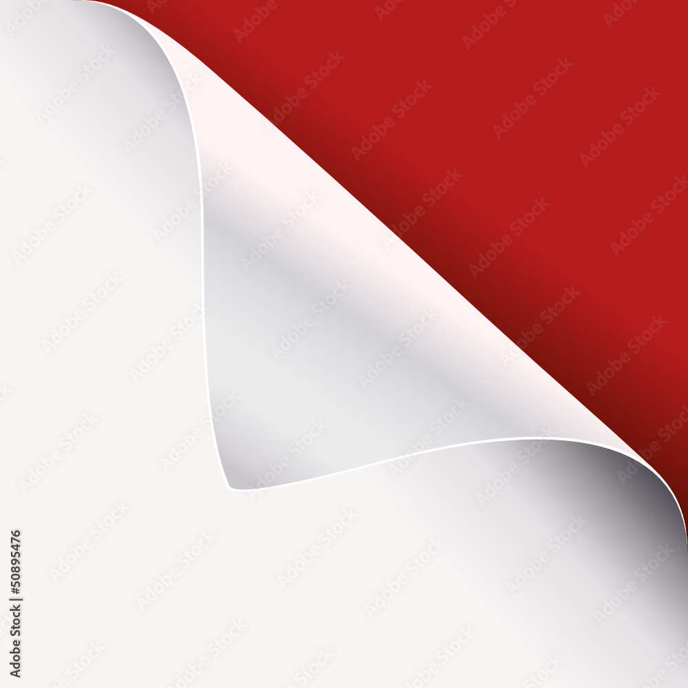 white paper curled corner on red page - obrazy, fototapety, plakaty 