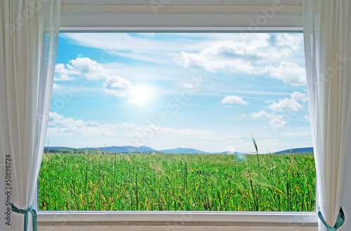 Plakat na papierze fotorealistycznym Łąka i okno