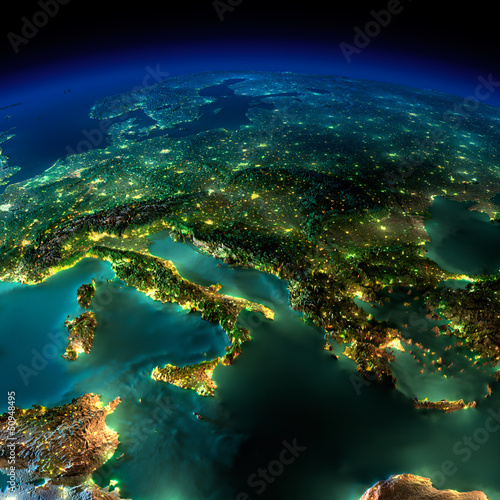 Naklejka dekoracyjna Night Earth. A piece of Europe - Italy and Greece