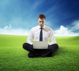 Wall Mural - business man with notebook sitting on grass