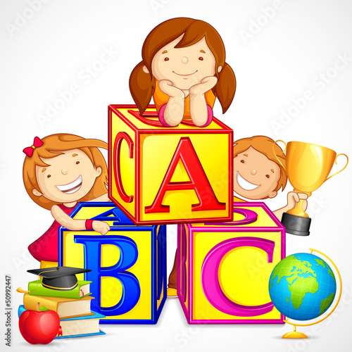 Naklejka - mata magnetyczna na lodówkę vector illustration of kids playing with alphabet block