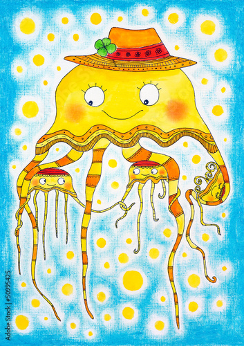 Obraz na płótnie canvas dwuczęściowy "dyptyk" Rodzina jellyfish, rysunek dziecka, akwarela na papierze