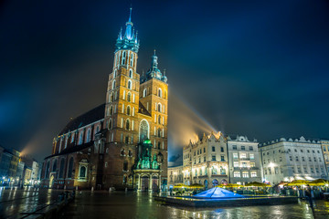 Wall Mural - Poland, Krakow. Market Square at night.