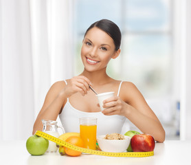 Sticker - woman with healthy breakfast and measuring tape